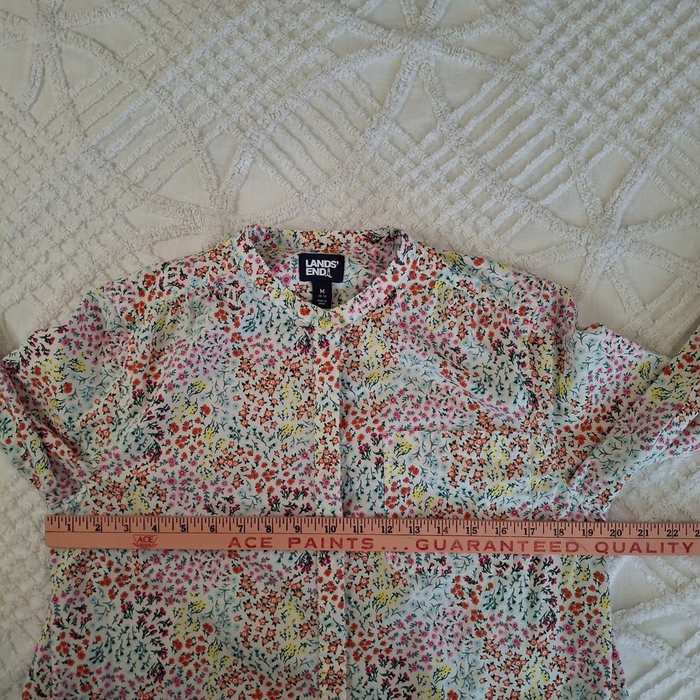 Lands End Womens Medium White Floral Long Sleeve Button Up Tunic Cotton Shirt - Picture 3 of 7